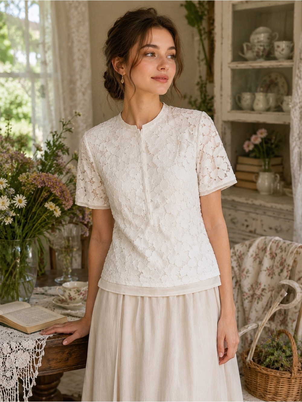 Diane von Furstenberg Warner Flower Lace Top White Silk Blend Size 2 Romantic
